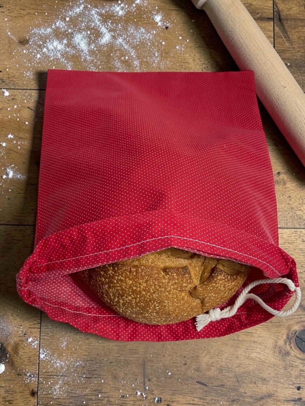 Vintage Red with White Polka Dot Cotton Bread Bag | Reusable Bread Storage Bag